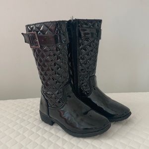 Patent style riding boot with buckle. So stylish.